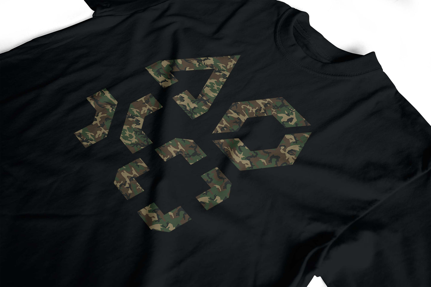 Black t-shirt with a camouflage logo on a white background
