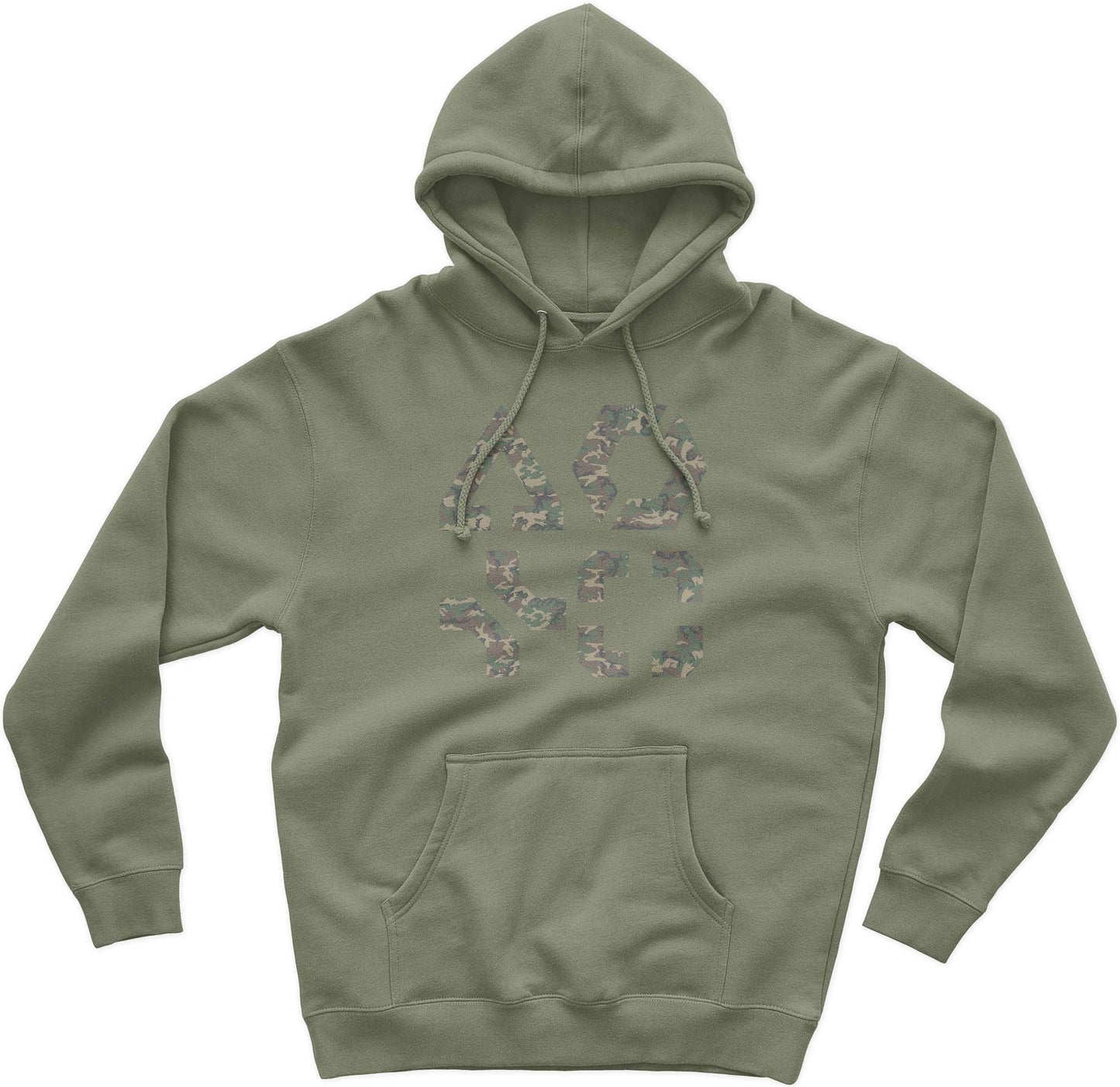 Green hoodie with camouflage logo on a white background