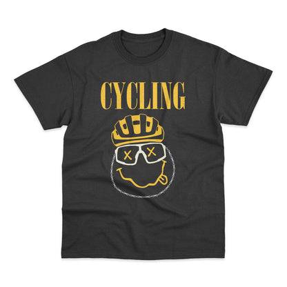 Bold Nirvana-style cycling tee for gravel, road, and MTB riders. Perfect for cyclists who love music, humor, and standout bike apparel.