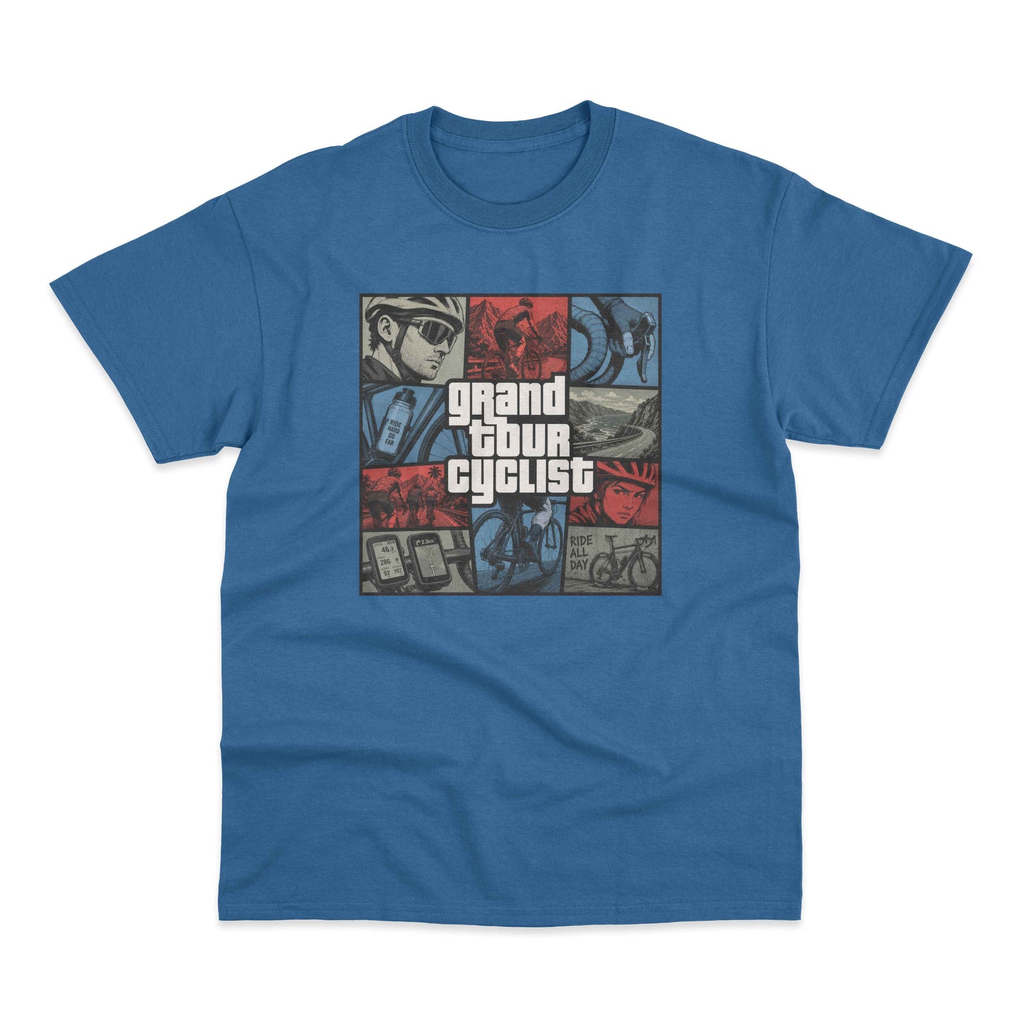 Grand Tour Cyclist graphic design featuring road cycling, mountain climbs, bicycles and cycling adventure artwork.